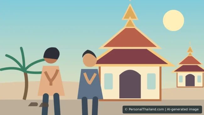 Thai Etiquette for Visitors: Temples, Dress Codes and Everyday Manners (illustration) Illustration of two modestly dressed visitors respectfully approaching a Thai Buddhist temple, AI-generated image