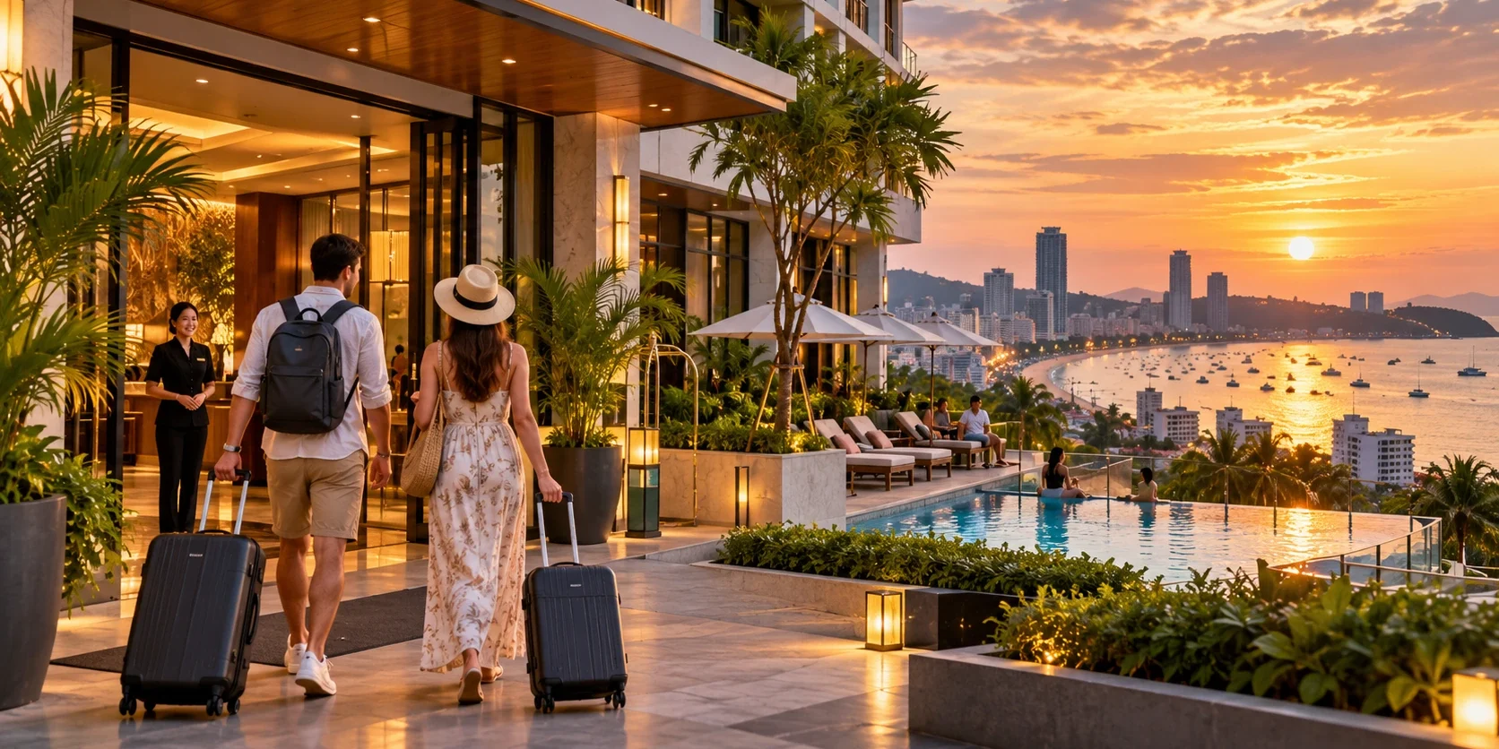 Pattaya Hotel Prices: What Travellers Should Budget in 2026 (illustration) Travellers arriving at a coastal hotel in Pattaya at sunset, AI-generated illustration