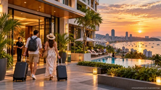 Pattaya Hotel Prices: What Travellers Should Budget in 2026 (illustration) Travellers arriving at a coastal hotel in Pattaya at sunset, AI-generated illustration