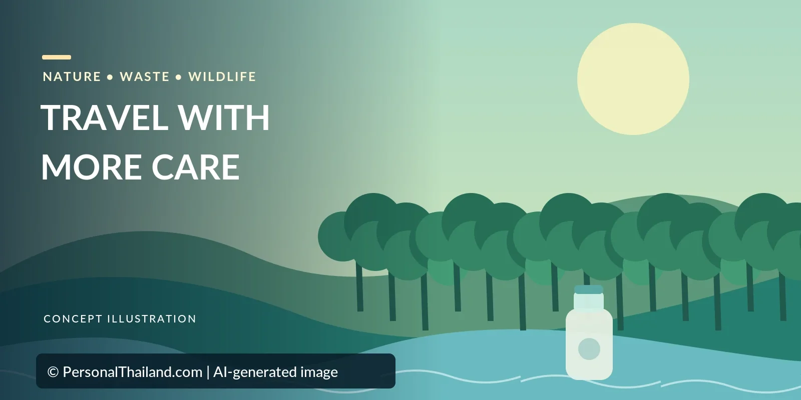 AI-created illustration of a row of mangrove-like trees along calm water with a reusable bottle at the shore and a pale sun, with the heading 'Travel With More Care'