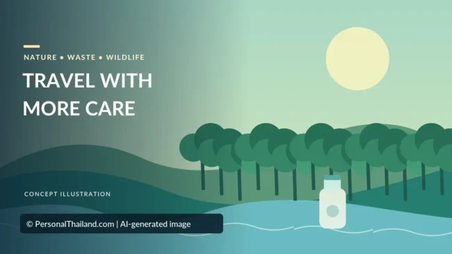 AI-created illustration of a row of mangrove-like trees along calm water with a reusable bottle at the shore and a pale sun, with the heading 'Travel With More Care'