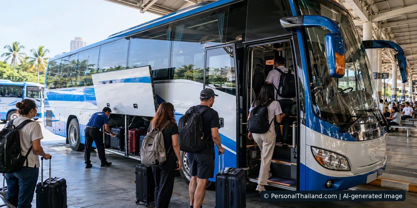 Bangkok to Pattaya by Bus: Booking, Terminals and Practical Tips Passengers with luggage board a blue-and-white intercity coach at a covered bus terminal in Thailand. AI-generated illustration.