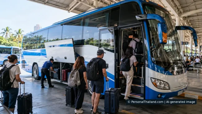Passengers with luggage board a blue-and-white intercity coach at a covered bus terminal in Thailand. AI-generated illustration.