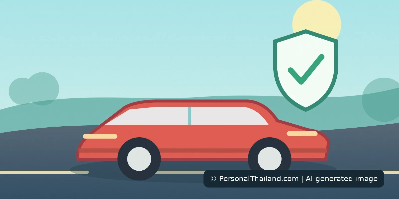 Buying a Car in Thailand? Understand Your Insurance First (illustration) Original AI-created illustration of a compact car with a protective shield on a generic tropical road, not a named insurer or vehicle