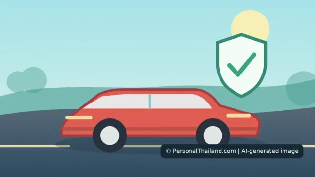 Original AI-created illustration of a compact car with a protective shield on a generic tropical road, not a named insurer or vehicle