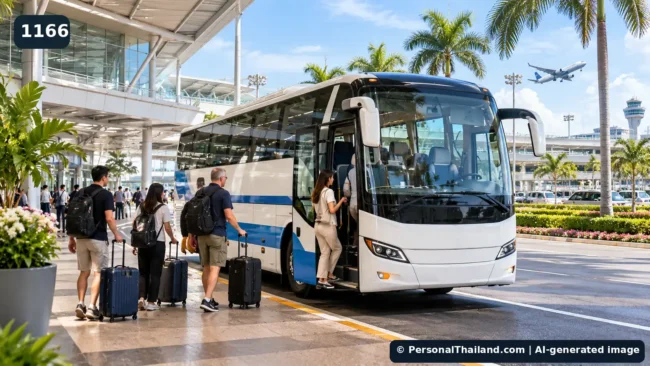AI-generated editorial scene of passengers boarding an airport coach in Thailand