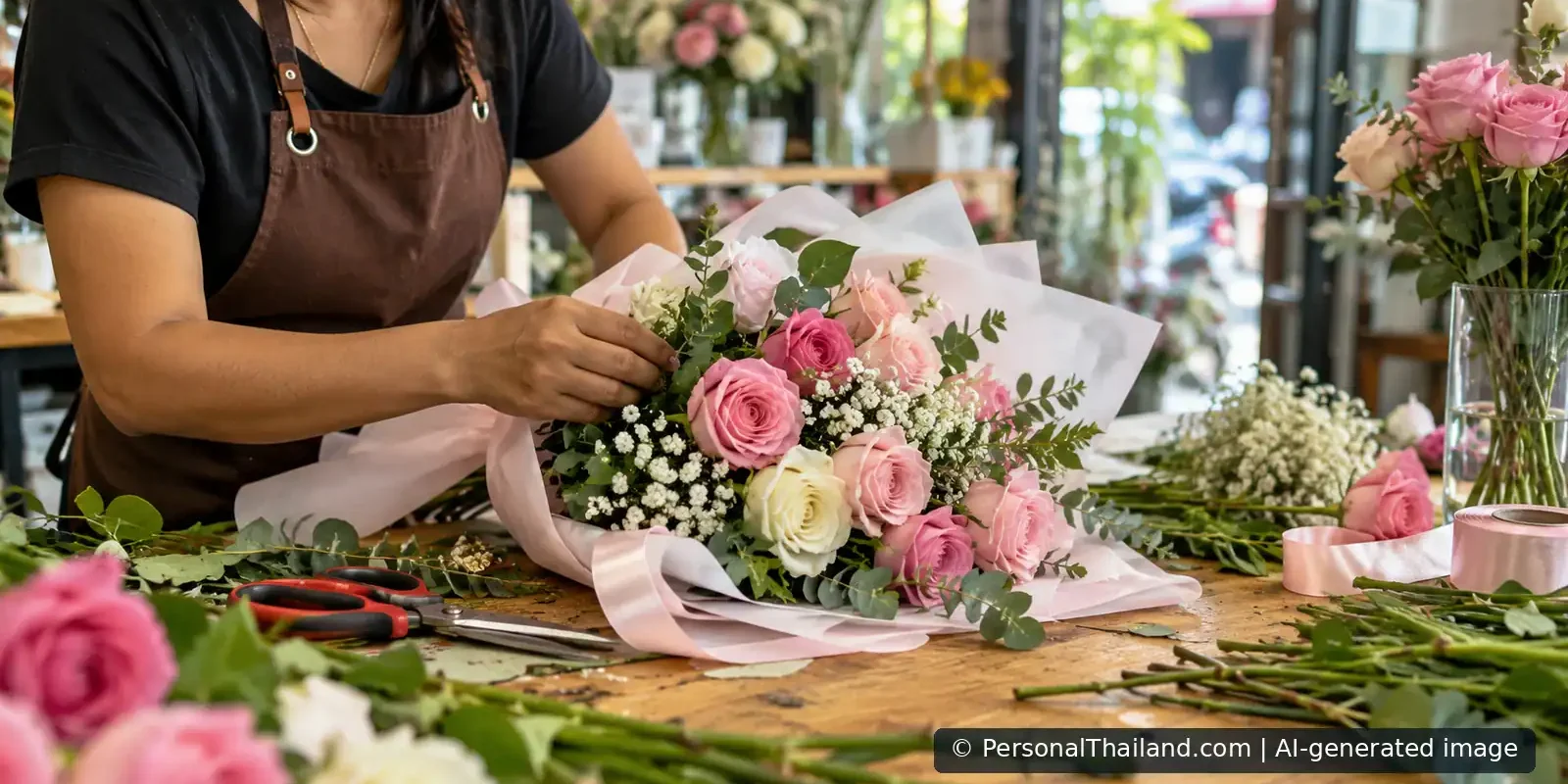 Ordering Roses and Wedding Flowers in Thailand: A Buyer’s Checklist Florist arranging pink and cream roses into a wedding bouquet at a flower shop workbench. AI-generated illustration.