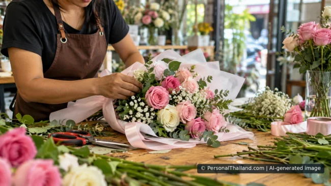 Florist arranging pink and cream roses into a wedding bouquet at a flower shop workbench. AI-generated illustration.