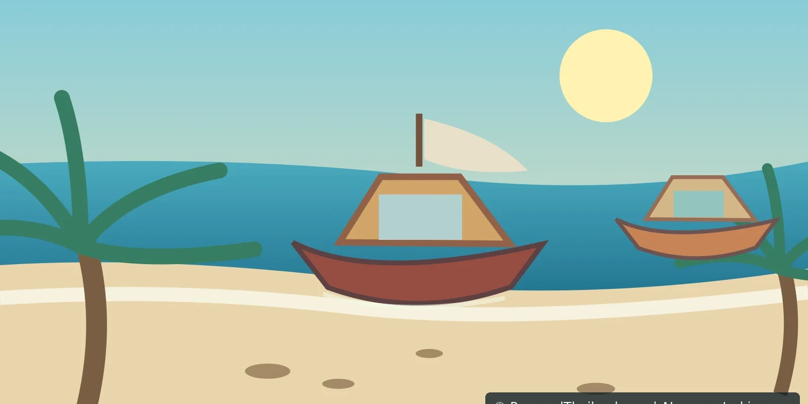 Bang Saray Beach Near Pattaya: A Quieter Coastal Day Trip (illustration) Illustration of Bang Saray beach with traditional fishing boats, tropical trees and calm Gulf of Thailand scenery, AI-generated image