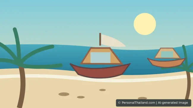 Bang Saray Beach Near Pattaya: A Quieter Coastal Day Trip (illustration) Illustration of Bang Saray beach with traditional fishing boats, tropical trees and calm Gulf of Thailand scenery, AI-generated image
