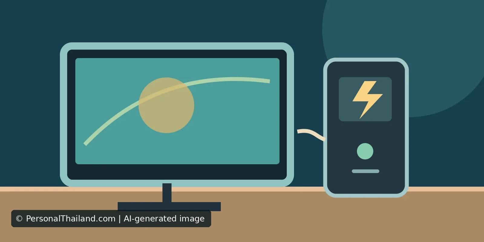 AI-created illustration of a desktop computer monitor connected by a cable to a UPS battery backup unit with a lightning symbol on a desk, not a specific product
