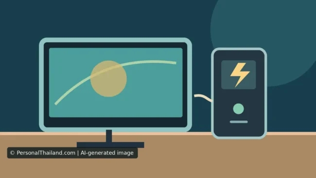 AI-created illustration of a desktop computer monitor connected by a cable to a UPS battery backup unit with a lightning symbol on a desk, not a specific product