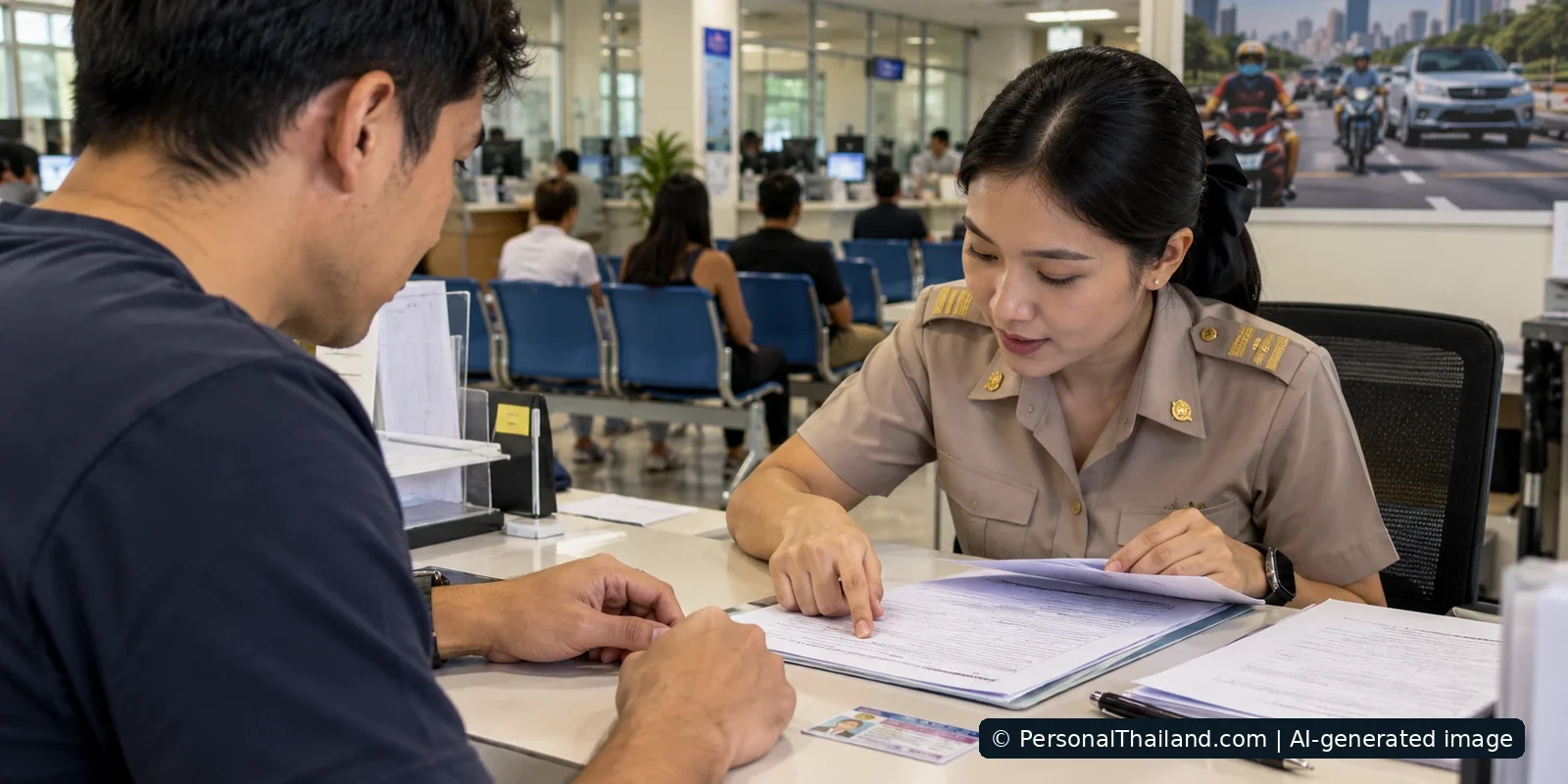 Getting a Driving Licence in Thailand: What Applicants Need to Check A visitor discusses paperwork with a service officer at a Thai-style driving licence office. AI-generated illustration.