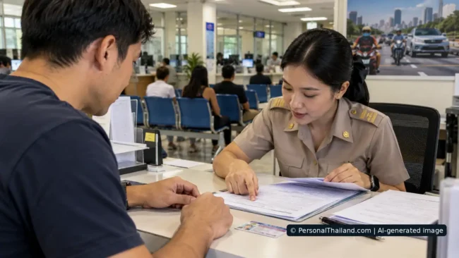A visitor discusses paperwork with a service officer at a Thai-style driving licence office. AI-generated illustration.