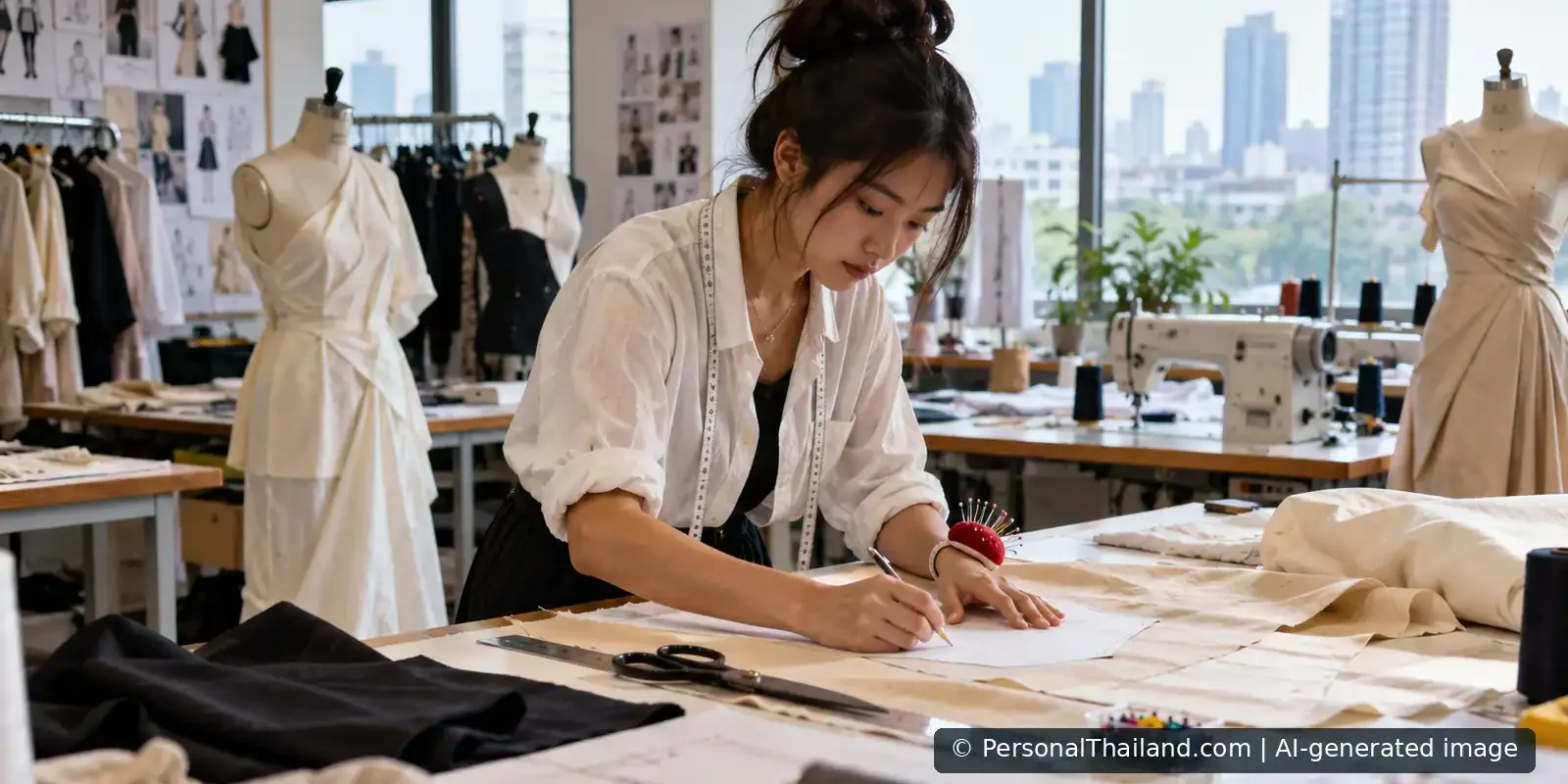 Studying Fashion Design in Thailand: Courses, Skills and Careers Fashion design student tracing a clothing pattern beside a sewing machine and dress forms in a studio. AI-generated illustration.