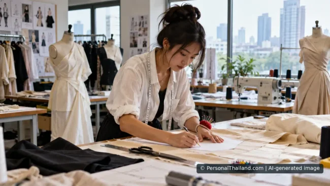 Fashion design student tracing a clothing pattern beside a sewing machine and dress forms in a studio. AI-generated illustration.