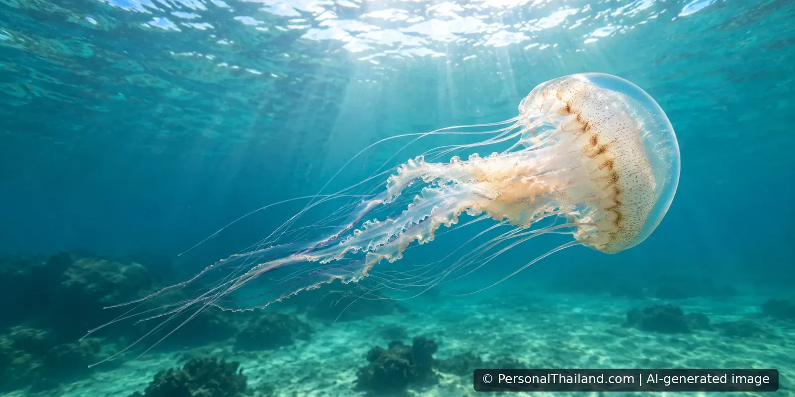 Jellyfish Near Koh Lanta: Beach Safety and What to Do After a Sting A translucent jellyfish drifting beneath the sunlit surface in tropical seawater. Concept illustration; not a verified species or a documented Koh Lanta incident.