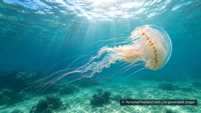 A translucent jellyfish drifting beneath the sunlit surface in tropical seawater. Concept illustration; not a verified species or a documented Koh Lanta incident.