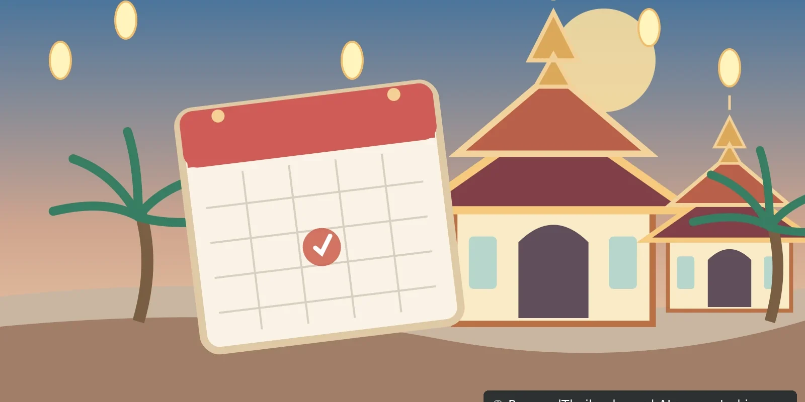 Illustration of a festive Thai temple courtyard with lanterns and calendar shapes, AI-generated image