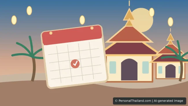 Illustration of a festive Thai temple courtyard with lanterns and calendar shapes, AI-generated image