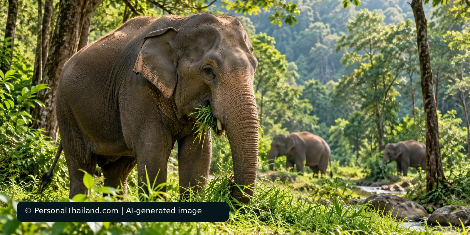 Ethical Elephant Tourism in Thailand: Why You Should Not Feed Street Elephants (illustration) AI-created illustration of an Asian elephant eating grass in a green forest, with two more elephants beside a stream in the background