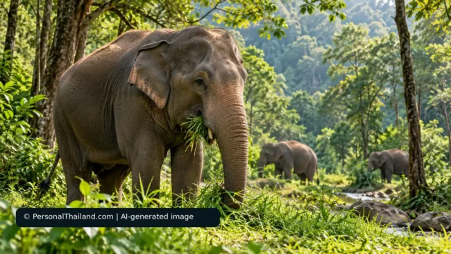 AI-created illustration of an Asian elephant eating grass in a green forest, with two more elephants beside a stream in the background