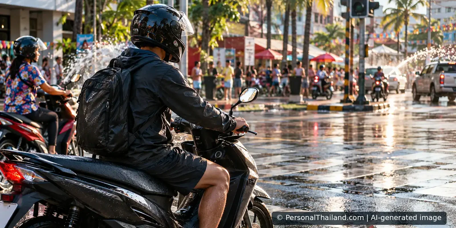 Songkran Road Safety: Why You Should Never Drink and Drive Helmeted motorcycle riders on a wet Thai street during Songkran festivities. AI-generated illustration; not a documented incident.
