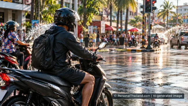 Helmeted motorcycle riders on a wet Thai street during Songkran festivities. AI-generated illustration; not a documented incident.