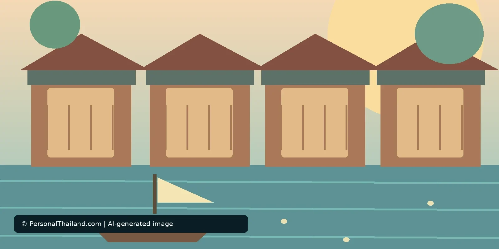 Wat Sai Floating Market in Bangkok: What Happened and What Visitors Can See (illustration) AI-created illustration of a row of wooden canal-side houses with a small boat on the water in front