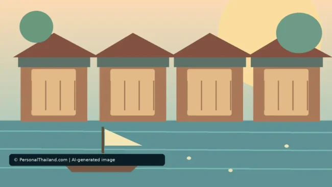 AI-created illustration of a row of wooden canal-side houses with a small boat on the water in front