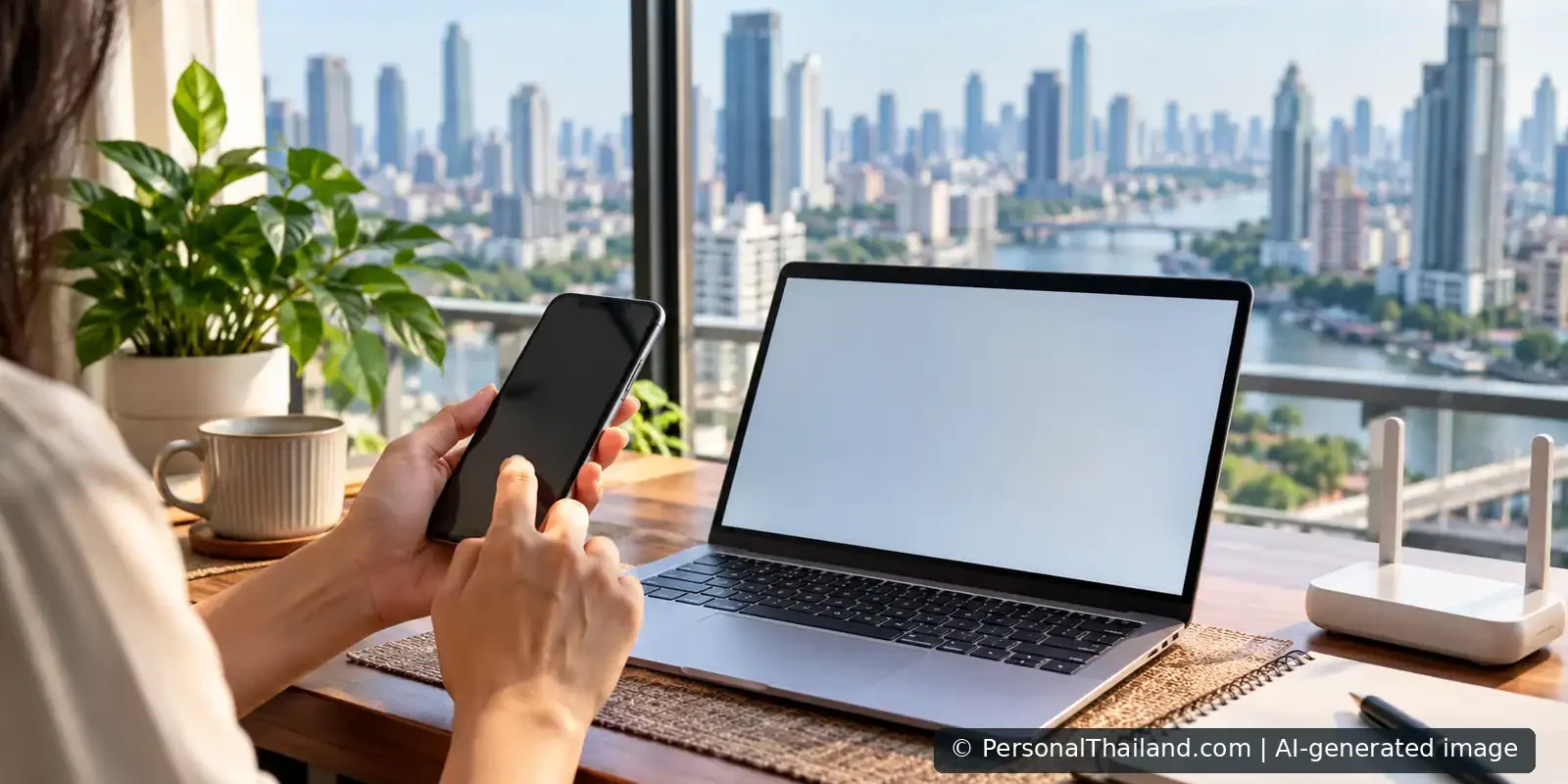 A person using a smartphone beside a laptop and wireless router in a Bangkok-style home office. AI-generated illustration with no real account details.