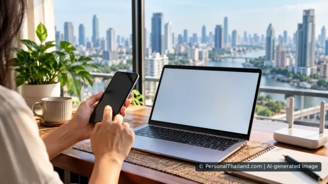 Safer Internet Banking in Thailand: Devices, Wi-Fi and Scams A person using a smartphone beside a laptop and wireless router in a Bangkok-style home office. AI-generated illustration with no real account details.