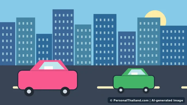 Illustration of colorful Bangkok taxis on a busy city road
