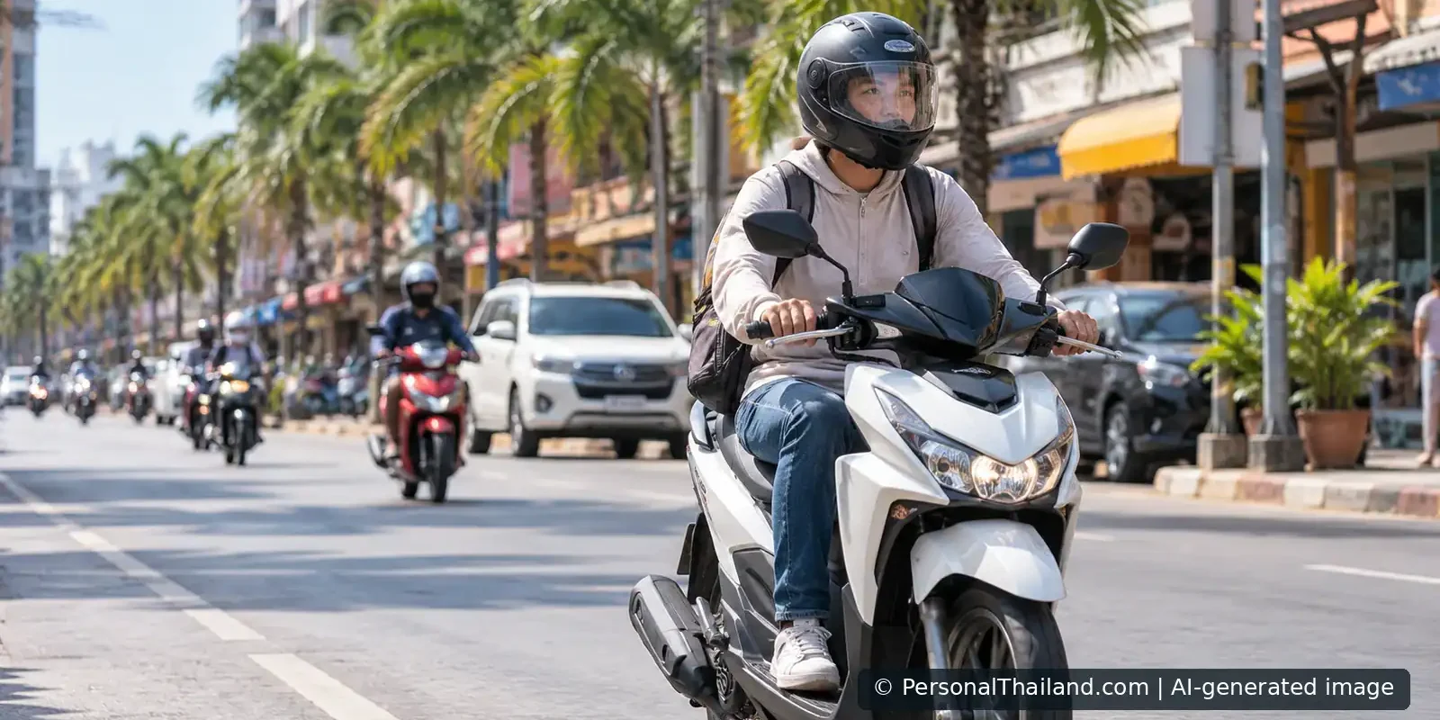 A rider wearing a full-face helmet operates a scooter on a city street in Thailand. AI-generated illustration, not a verified Pattaya location.