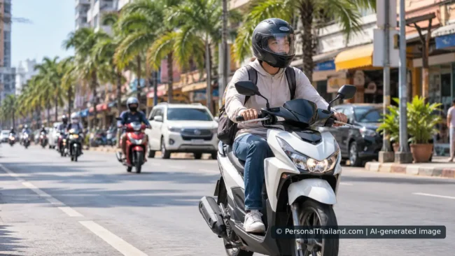 Motorbike Safety in Pattaya: Licences, Helmets and Insurance A rider wearing a full-face helmet operates a scooter on a city street in Thailand. AI-generated illustration, not a verified Pattaya location.
