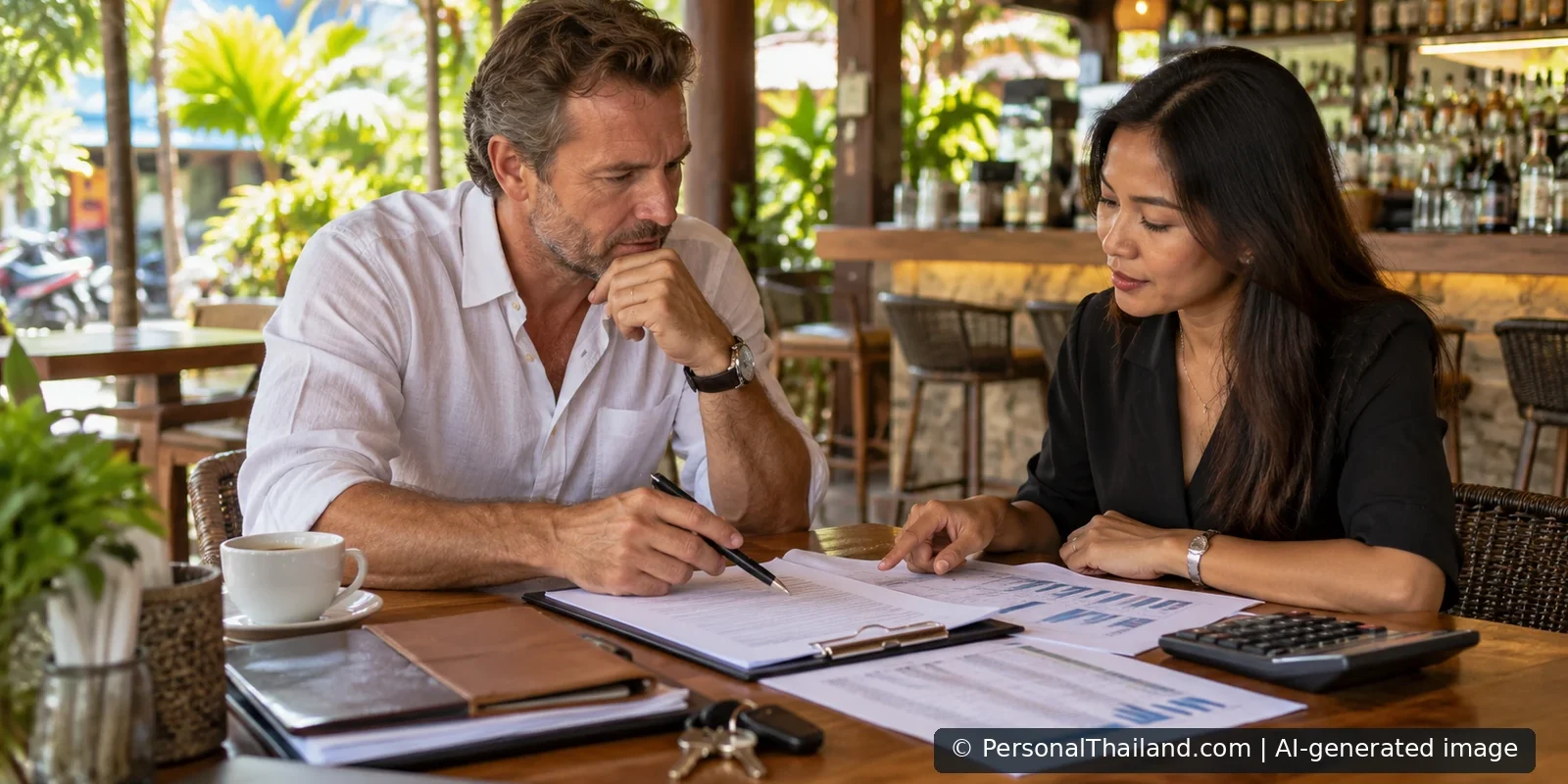 Two people reviewing financial paperwork and a calculator at an open-air Thai-style café and bar. AI-generated illustration.