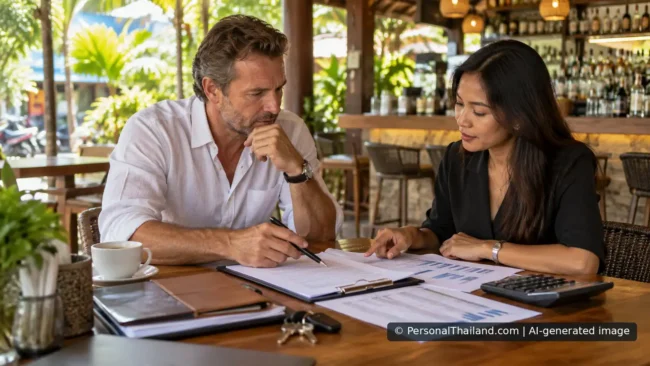 Buying a Bar or Business in Thailand: Due Diligence Checklist Two people reviewing financial paperwork and a calculator at an open-air Thai-style café and bar. AI-generated illustration.