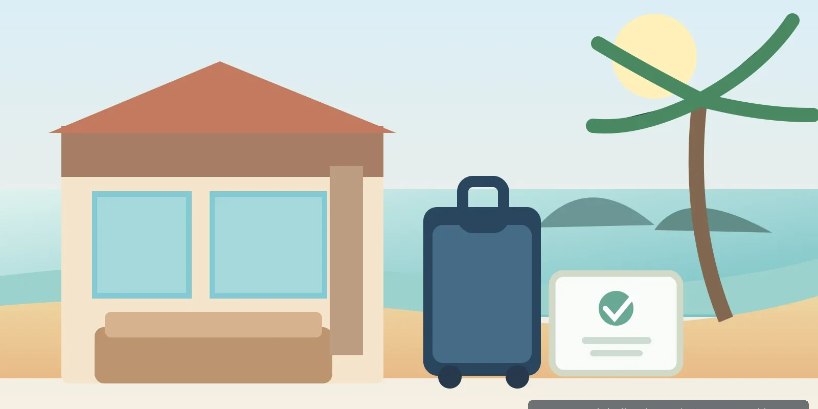 Editorial illustration of a Phuket seaside resort and a confirmed hotel booking beside luggage