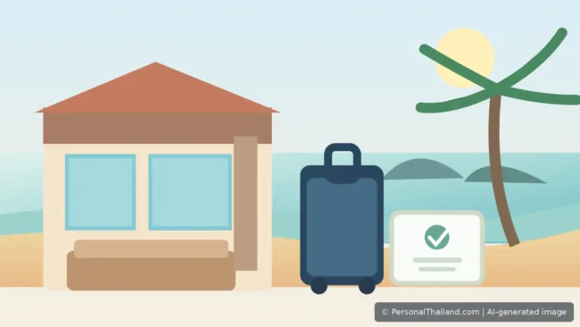 How to Find a Good-Value Hotel in Phuket Without Booking Surprises (illustration) Editorial illustration of a Phuket seaside resort and a confirmed hotel booking beside luggage