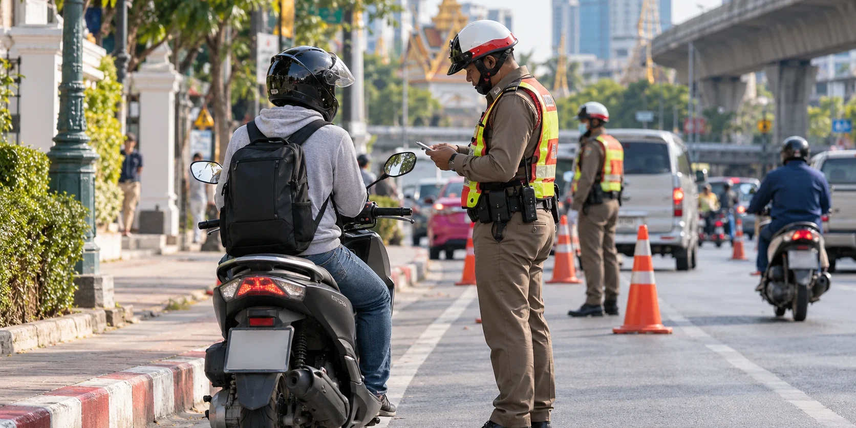 Traffic police checking a motorbike rider at a Bangkok roadside checkpoint, AI-generated illustration