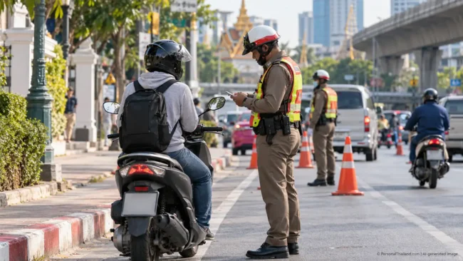 Thailand Traffic Police Stops: Documents, Fines and Practical Advice (illustration) Traffic police checking a motorbike rider at a Bangkok roadside checkpoint, AI-generated illustration