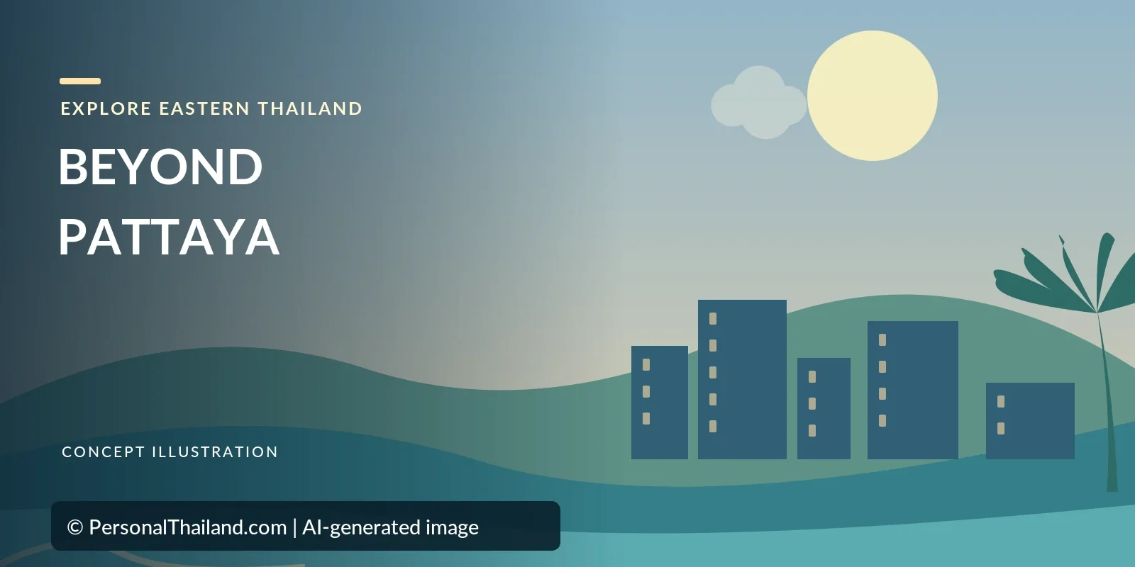 Pattaya Is Not All of Thailand: Where to Go Beyond the Resort (illustration) AI-created illustration of a small cluster of city buildings among green hills by the sea, with a palm tree and the heading 'Beyond Pattaya'