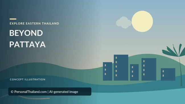 AI-created illustration of a small cluster of city buildings among green hills by the sea, with a palm tree and the heading 'Beyond Pattaya'
