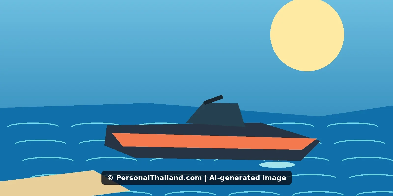 AI-created illustration of a jet ski on blue sea near a sandy beach under a bright sun