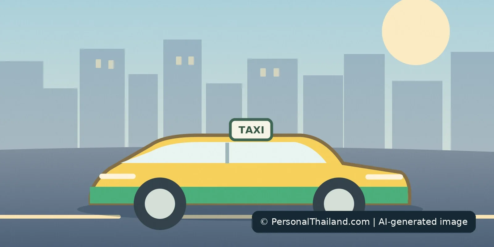 Thailand Taxi Meter Problems: How to Handle Fares and Complaints (illustration) Original AI-created illustration of a colourful metered taxi on a generic Bangkok-inspired street, not a photograph of a particular taxi