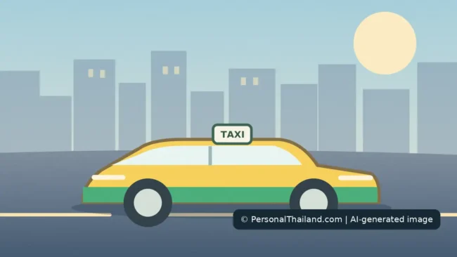 Original AI-created illustration of a colourful metered taxi on a generic Bangkok-inspired street, not a photograph of a particular taxi