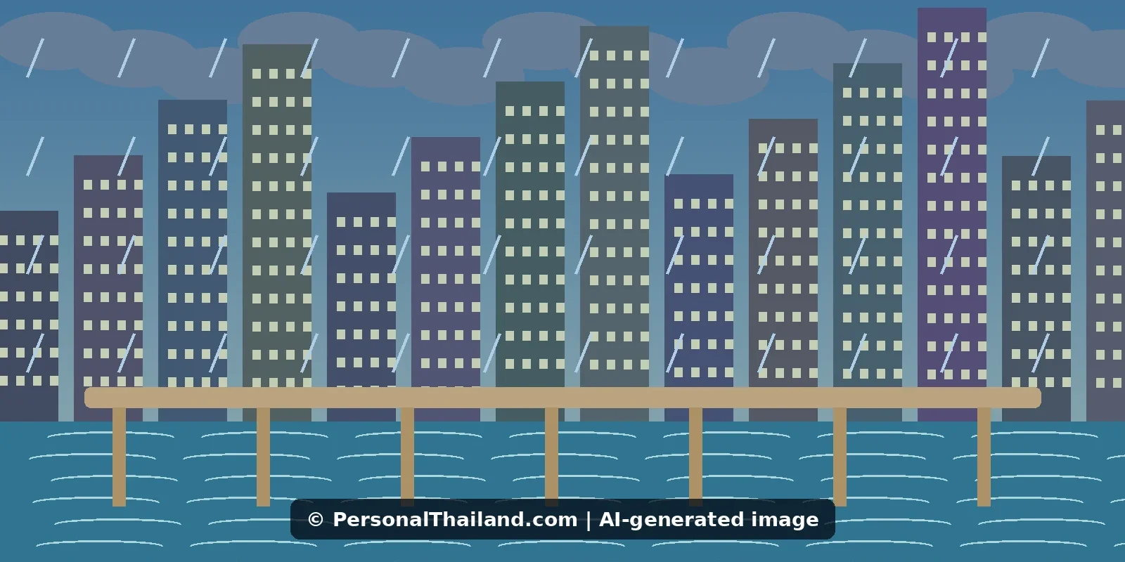 AI-created illustration of city towers in the rain behind a walkway over high water