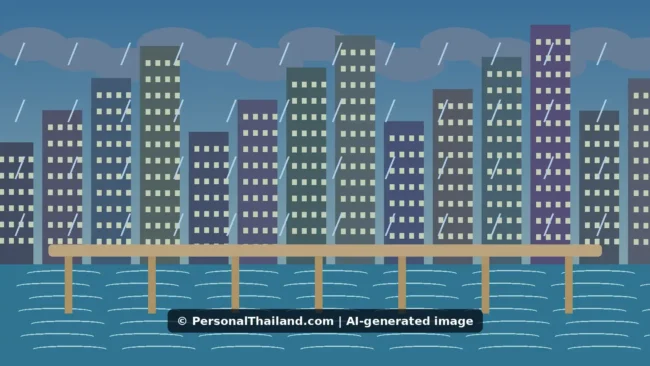 Is Bangkok Going Underwater? Flood Risk, Rain and Practical Planning (illustration) AI-created illustration of city towers in the rain behind a walkway over high water