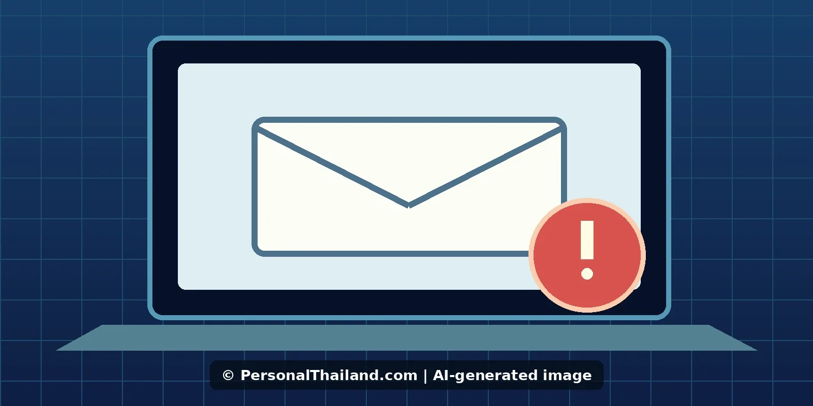 AI-created illustration of a laptop screen showing an envelope with a red warning symbol
