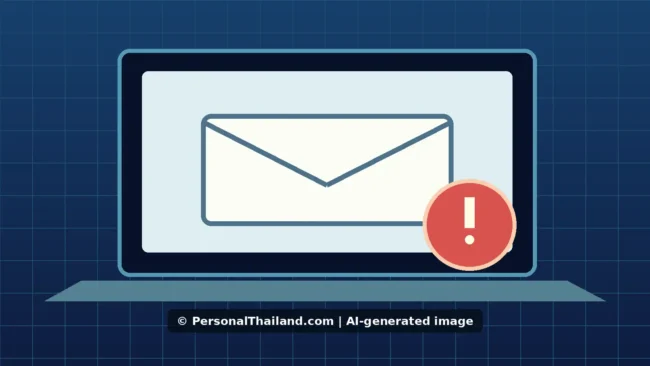 Scam Emails Targeting Thai Websites: How to Spot and Report Them (illustration) AI-created illustration of a laptop screen showing an envelope with a red warning symbol